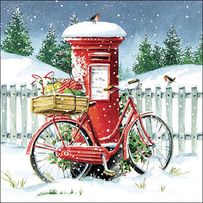 Piros postaláda biciklivel karácsonyi három rétegű papírszalvéta 33x33 cm 20 db