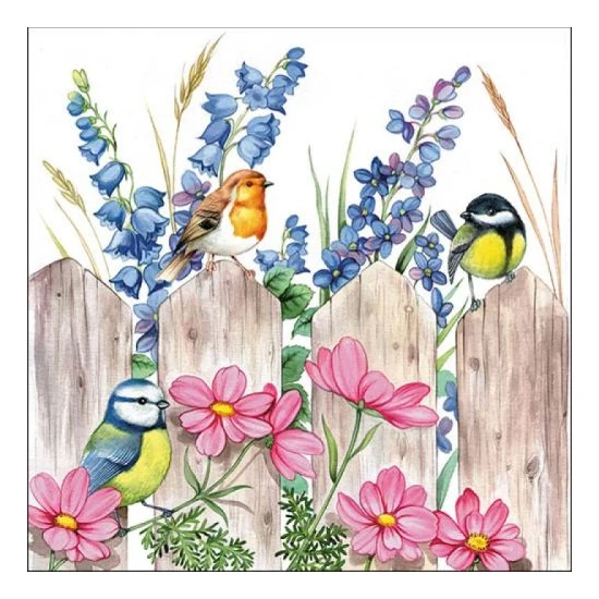 Tavaszi madarak kerítésen papírszalvéta Birds on Fence 33x33cm