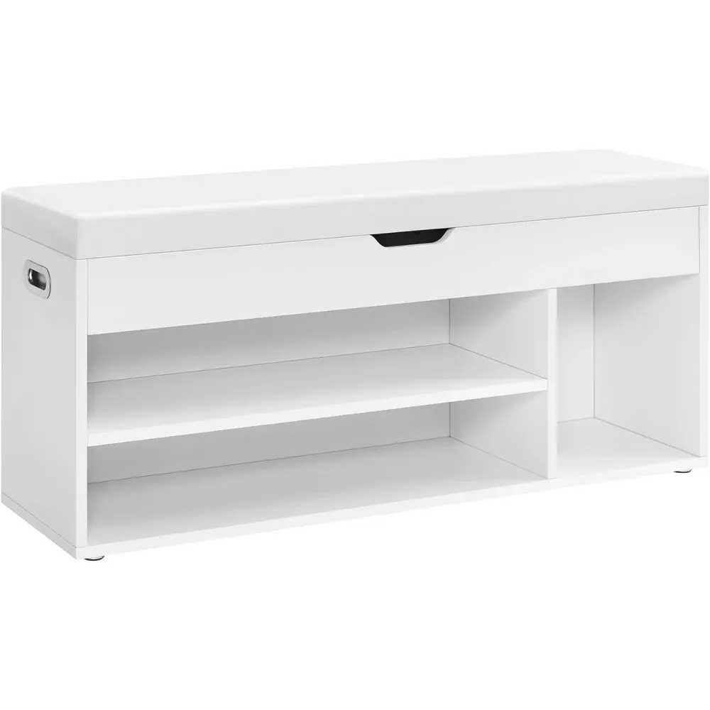 Cipős pad párnával, tárolópad párnázott ülőfelülettel, 3 rekeszes, fehér