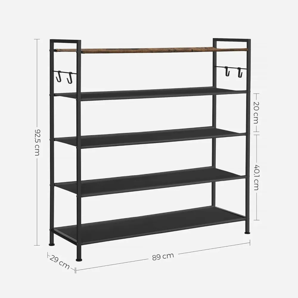 Cipőtartó 5 szintes, fém cipőtartó 20-25 pár cipőhöz, 29x89x92,5 cm, barna-fekete