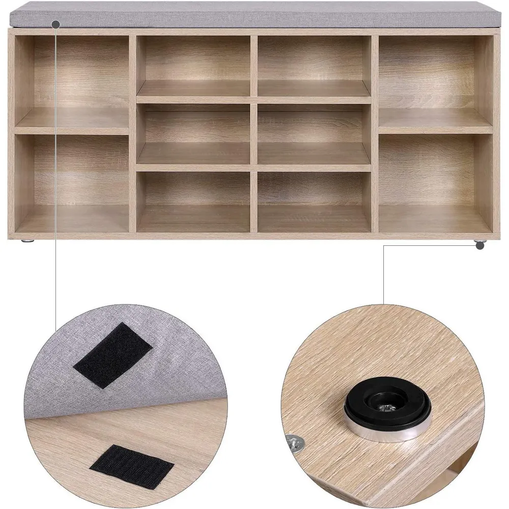 Cipőtároló pad 10 rekesszel, Cipőpad párnával 104 x 30 x 48 cm, tölgy színű
