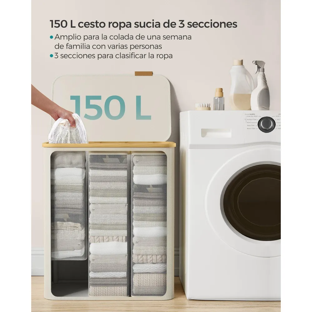 Fedeles mosókosár, 3 részes, 150L, levehető bélés, összecsukható, krémfehér