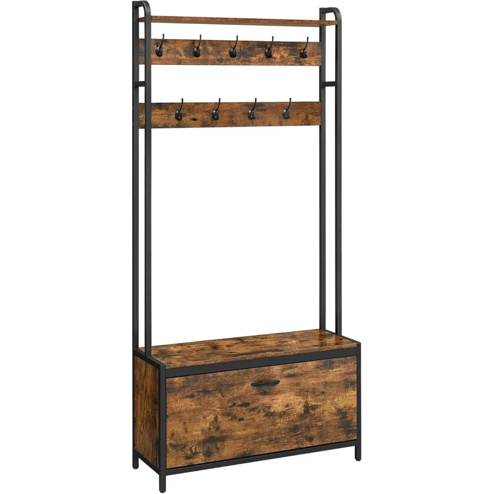 Fogas cipőtárolóval, előszobafal padokkal, 85x30x180cm, rusztikus barna és fekete