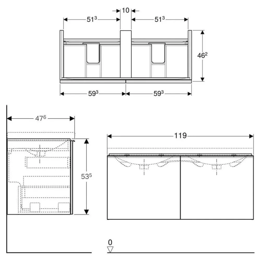 Geberit Acanto alsó szekrény duplamosdóhoz, 2 fiók, bűzzár, 119x53.5x47.6 cm, magasfényű fehér (500.613.01.2)