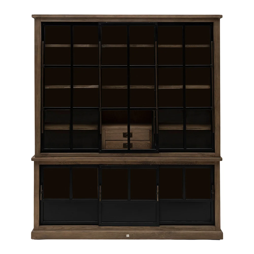 HOXTON óriás kőrisfa-fém vitrines szekrény 220 cm