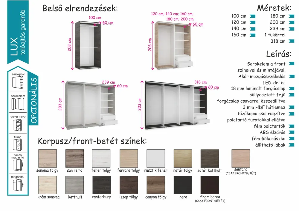 LUX tolóajtós gardrób 140 cm