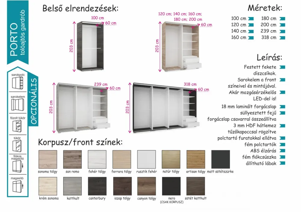 PORTO tolóajtós gardrób+1tükör (318cm)