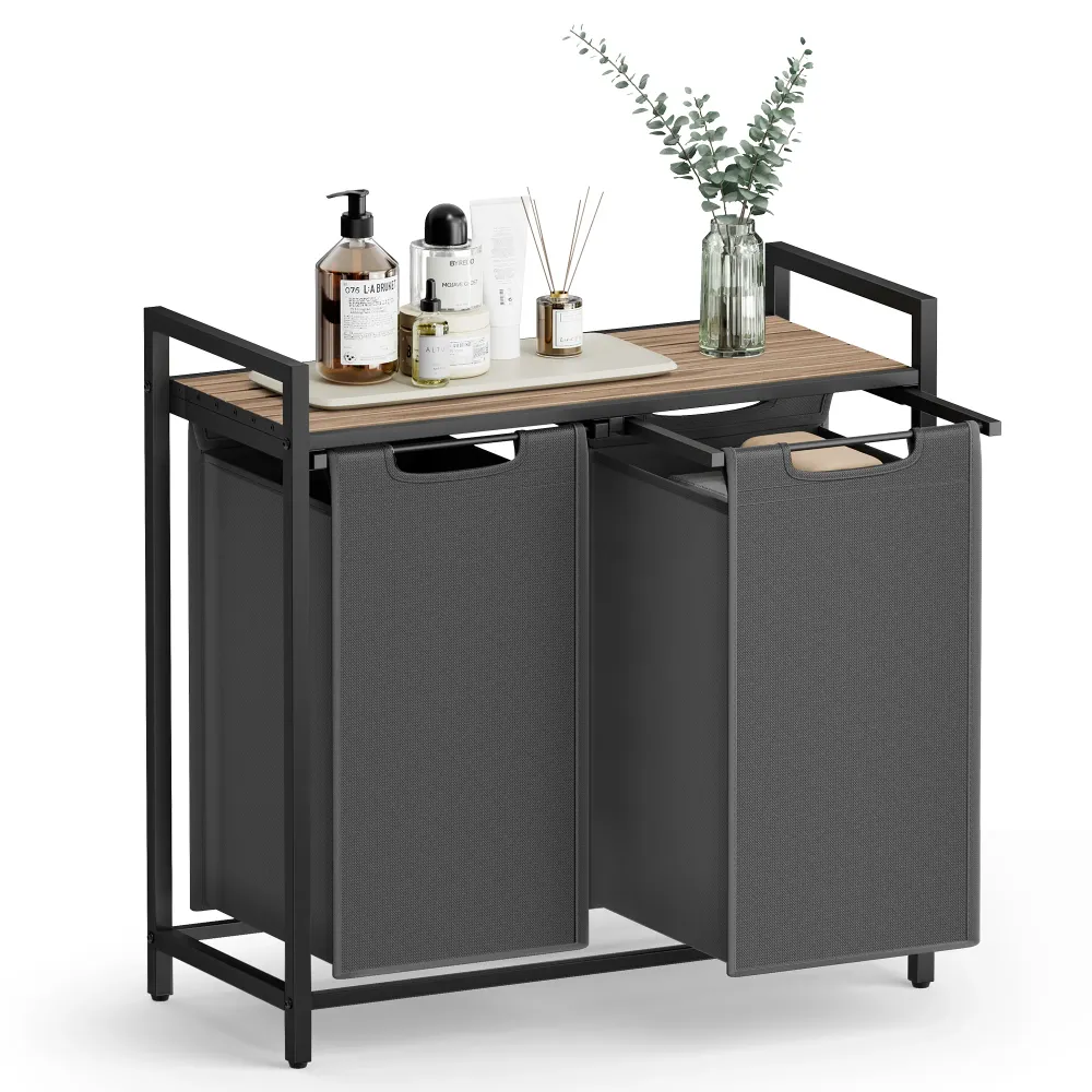 Szennyeskosár, 2 rekeszes szennyestartó, 2 × 46 l, 73 × 33 × 72 cm, tevebarna és szürke