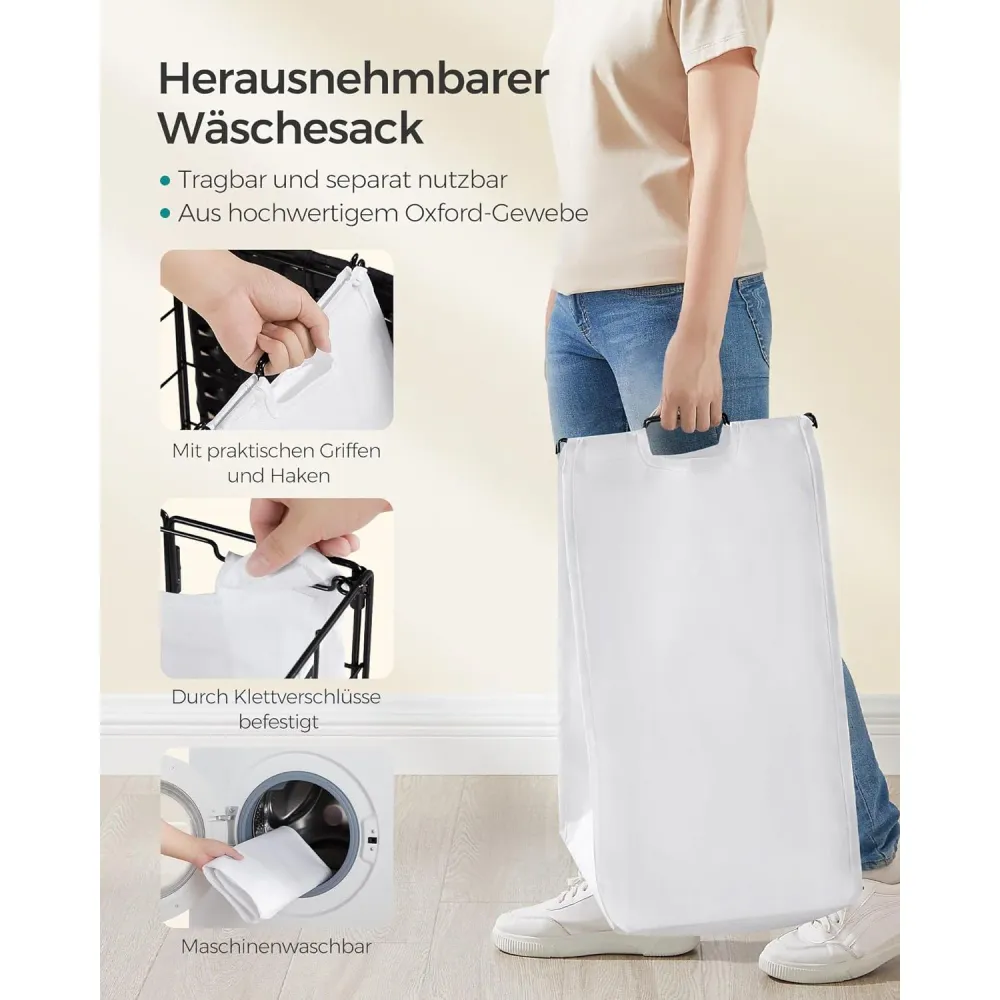 Szennyeskosár, 90 l, összecsukható szennyeskosár kerekekkel, fekete-fehér