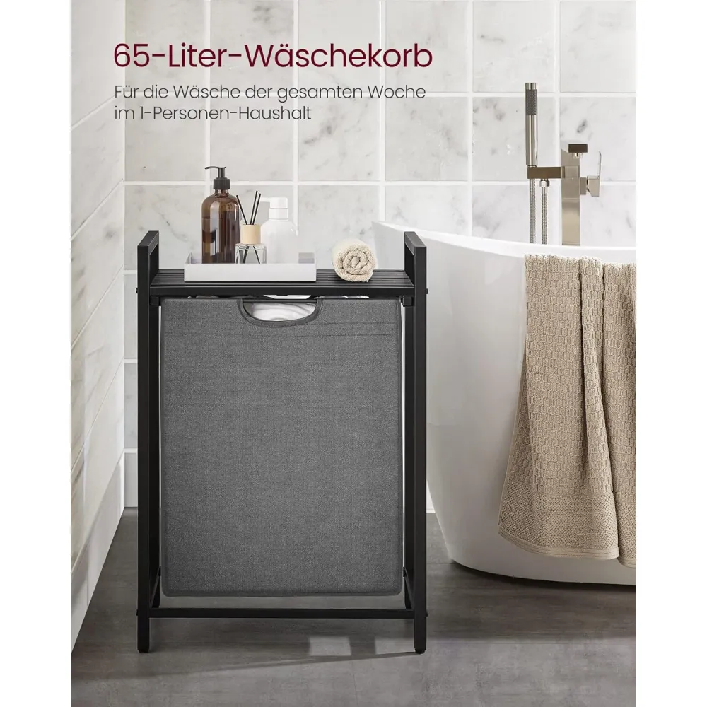 Szennyeskosár, szennyeskosár polccal, 65l, fekete-szürke