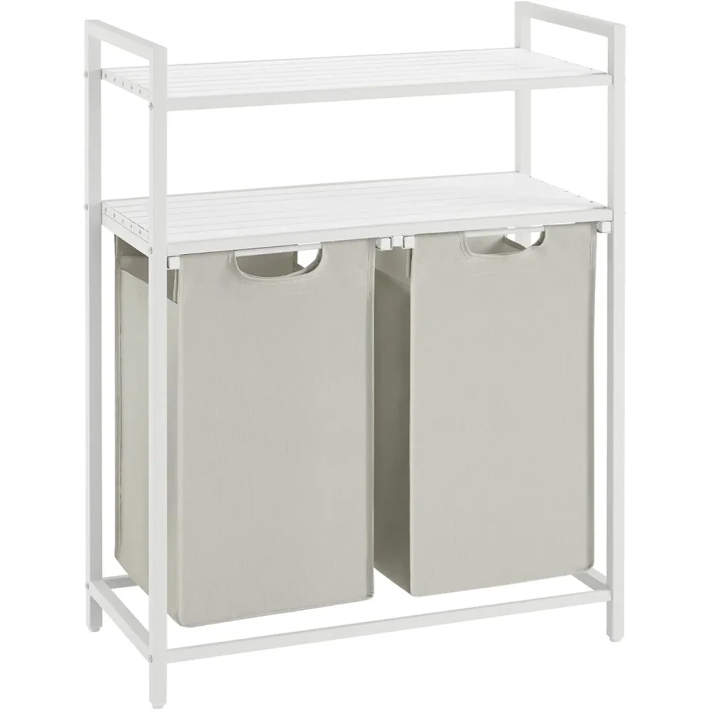Szennyestartó, szennyeskosár két polccal, 2 x 46l, fehér