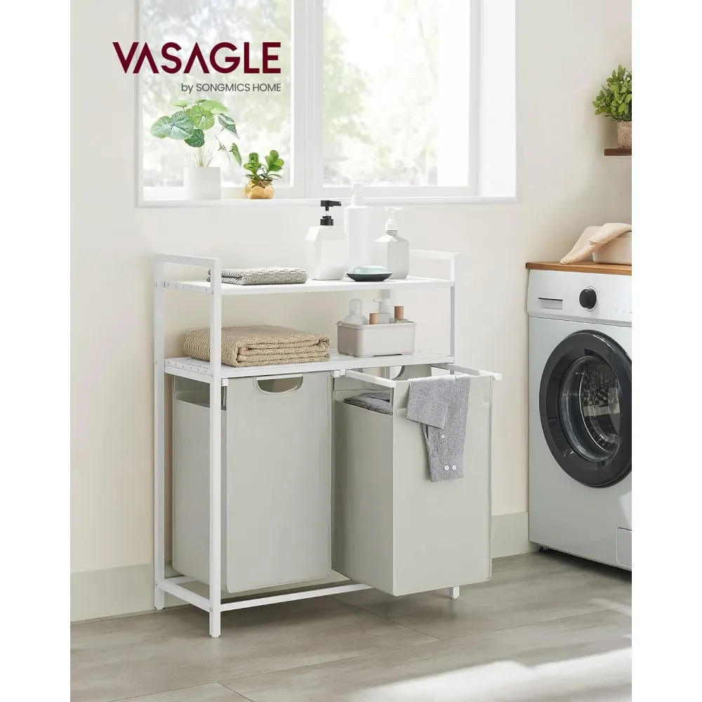 Szennyestartó, szennyeskosár két polccal, 2 x 46l, fehér
