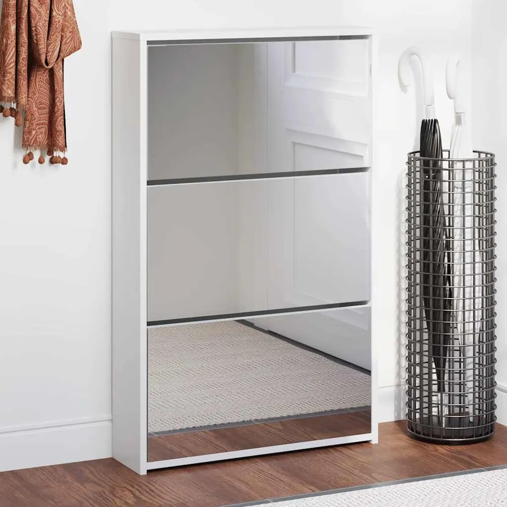 vidaXL háromrétegű, magasfényű fehér cipősszekrény tükörrel 63 x 17 x 102,5 cm