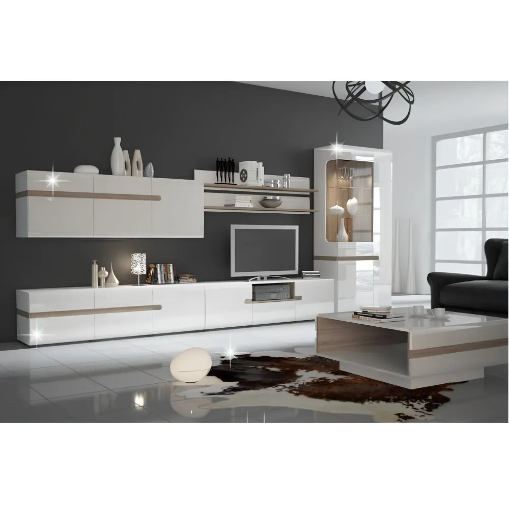 Vitrin, fehér extra magas fényű HG/trufla sonoma tölgy, LYNATET 33