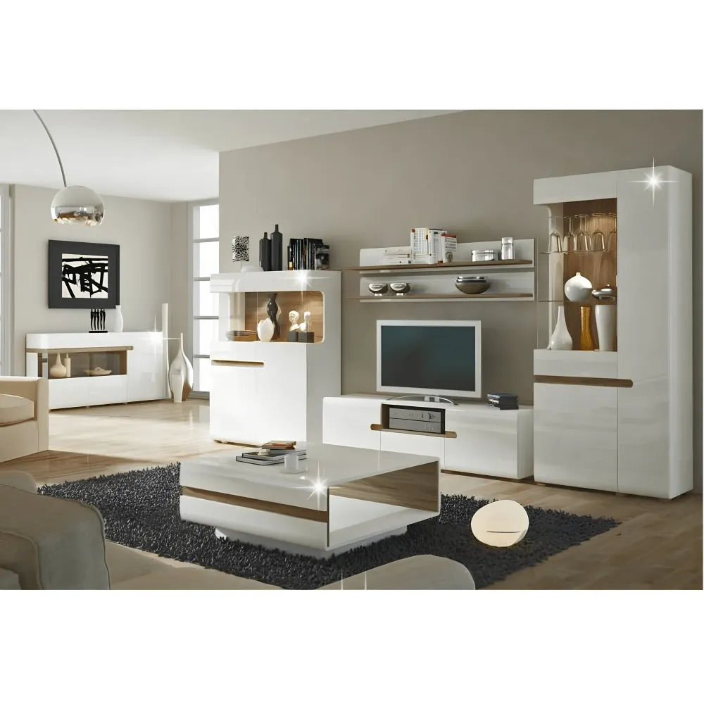 Vitrin, fehér extra magas fényű HG/trufla sonoma tölgy, LYNATET 33