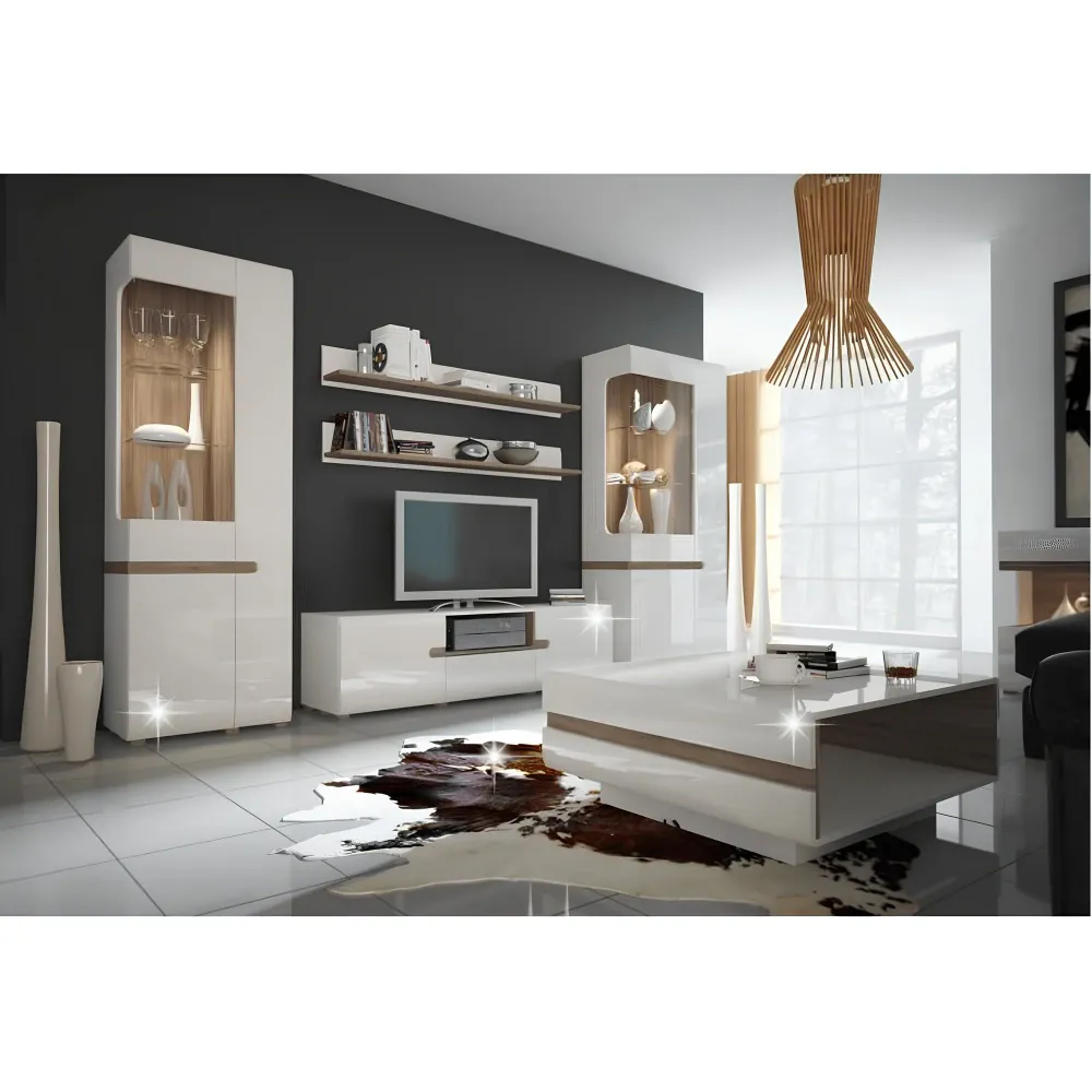 Vitrin, fehér extra magas fényű HG/trufla sonoma tölgy, LYNATET 33