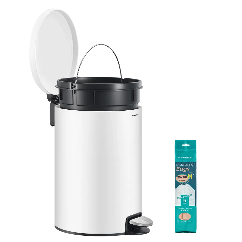 Fém kerek konyhai szemetes, 20 L, pedálos, levehető belső vödörrel, fehér