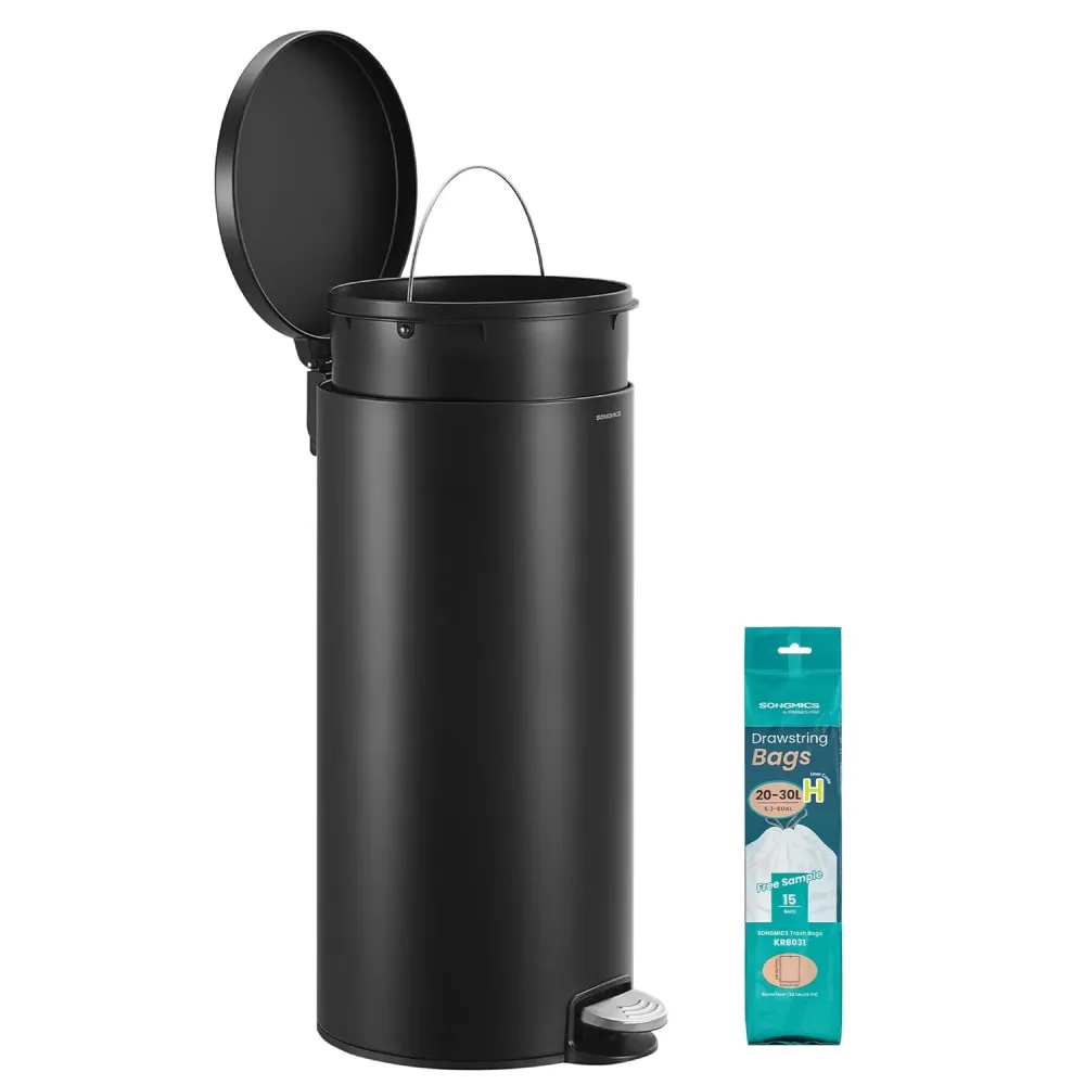 Fém kerek konyhai szemetes, 30 L, pedálos, műanyag belső vödörrel, fekete