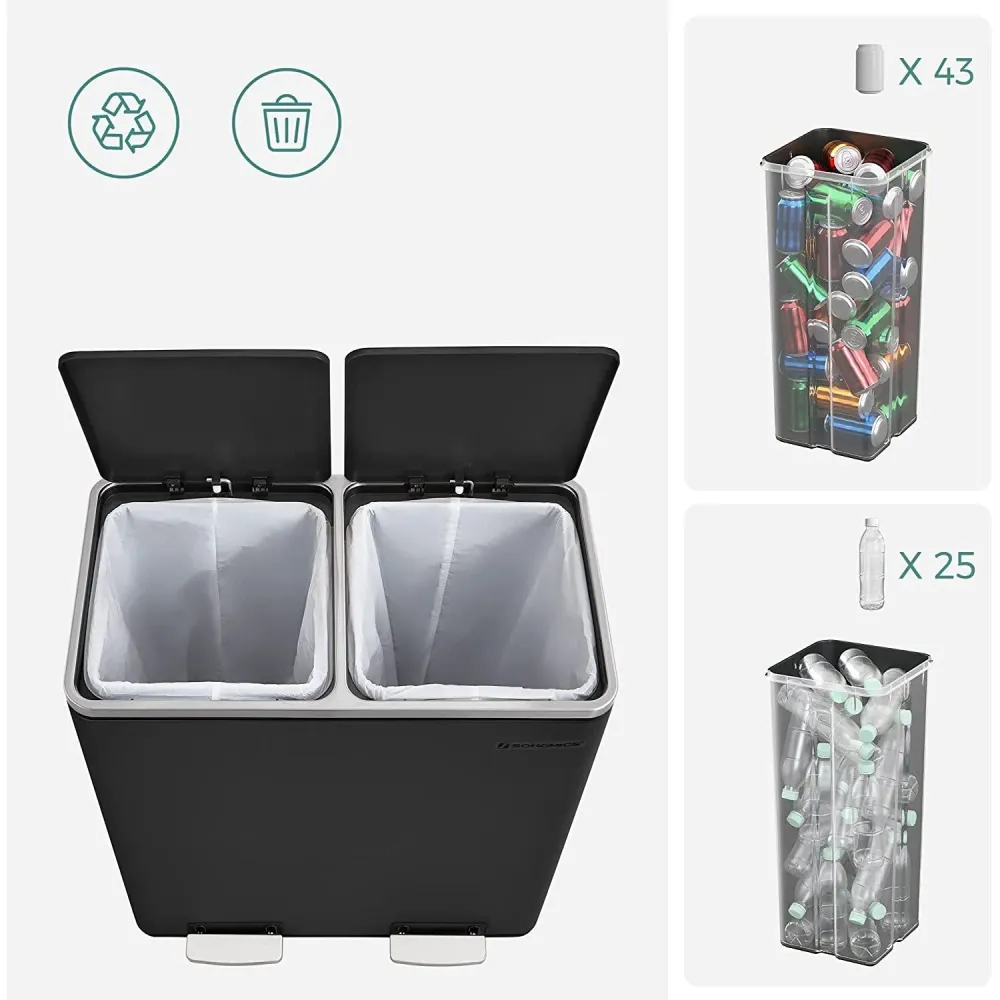 Légmentes fém pedálos dupla szemetes 2 x 30l, 15 szemeteszsákkal, fekete