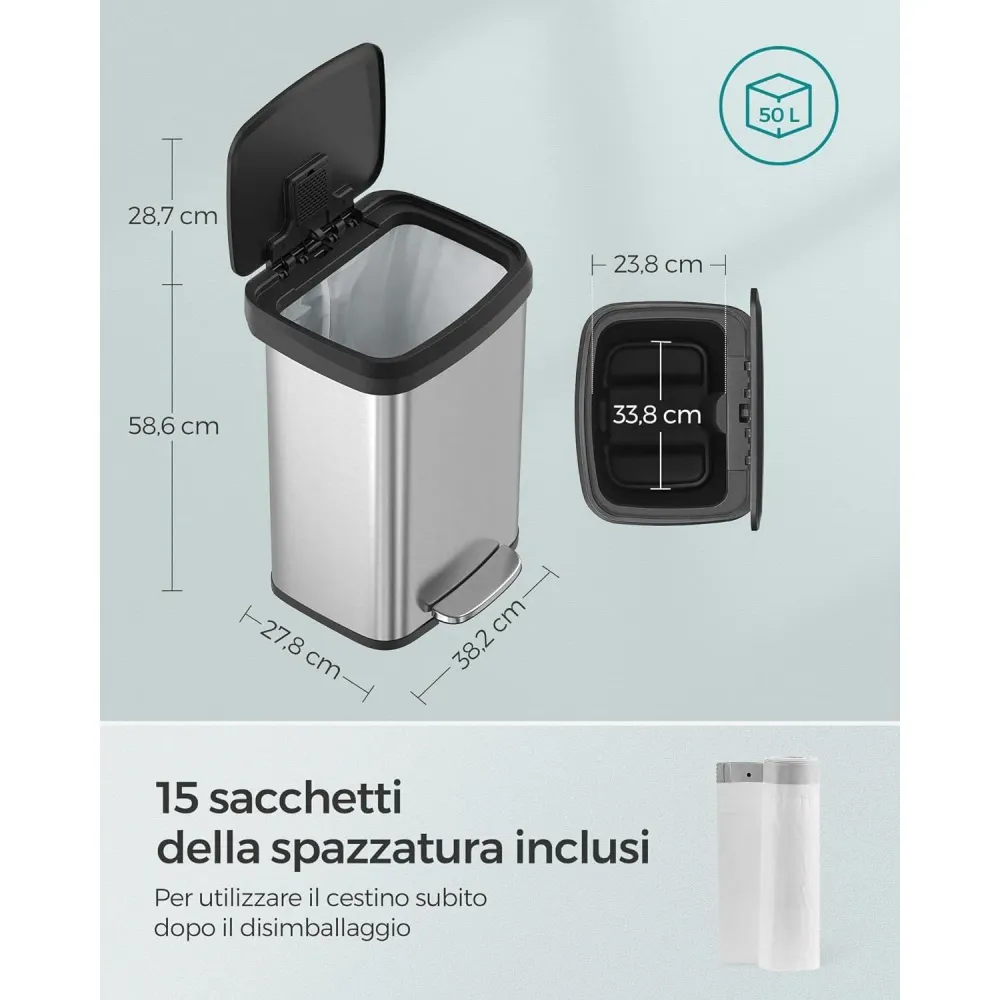 50 literes konyhai szemetes, fém pedálos kuka fedéllel, keskeny és tágas, ezüst
