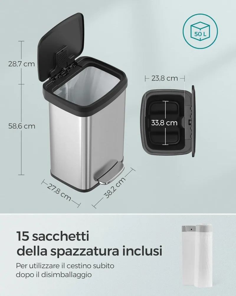50 literes konyhai szemetes, fém pedálos kuka fedéllel, keskeny és tágas, ezüst