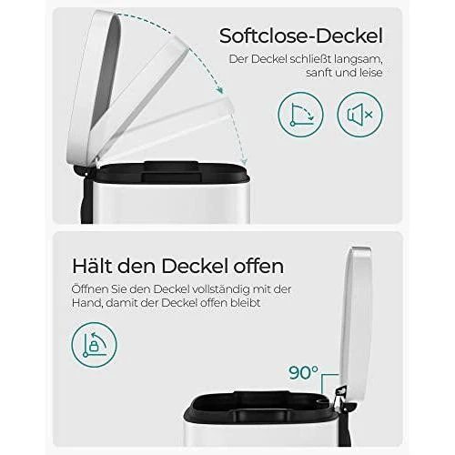 30 literes pedálos szemetes konyhába, acél,belső vödörrel, halk záródású fedéllel, fehér