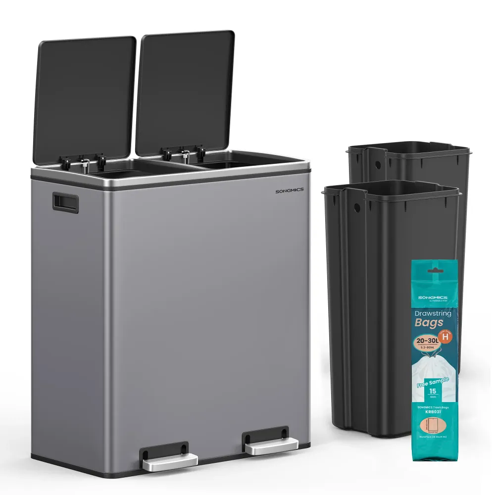 2 rekeszes pedálos recycling szemetes lágy záródással, szürke fém
