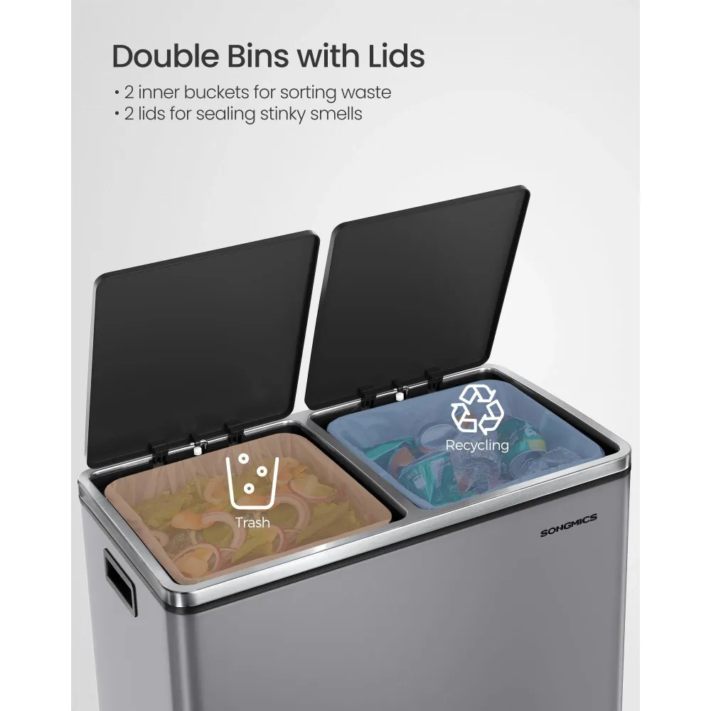 2 rekeszes pedálos recycling szemetes lágy záródással, szürke fém