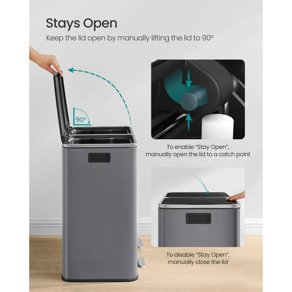 2 rekeszes pedálos recycling szemetes lágy záródással, szürke fém