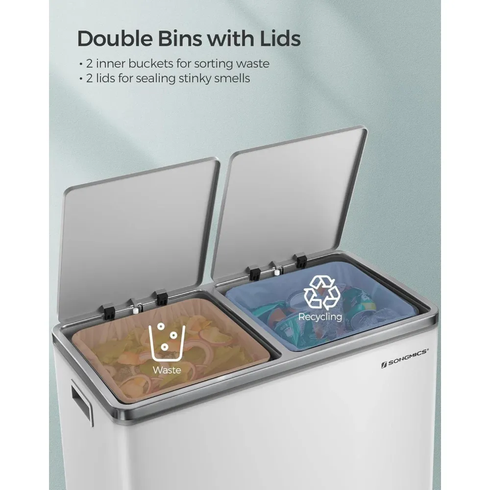 SONGMICS dupla szemetes, fém szelektív hulladékgyűjtő 15 szemeteszsákkal, 2 × 30 L, fehér–szürke