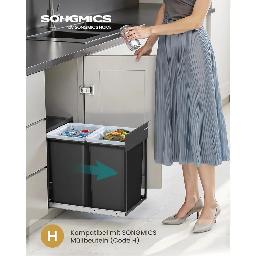 SONGMICS konyhai szelektív hulladékgyűjtő rendszer szekrénybe, 2 x 20 L, fekete