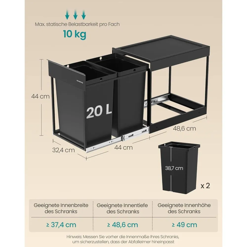 SONGMICS konyhai szelektív hulladékgyűjtő rendszer szekrénybe, 2 x 20 L, fekete