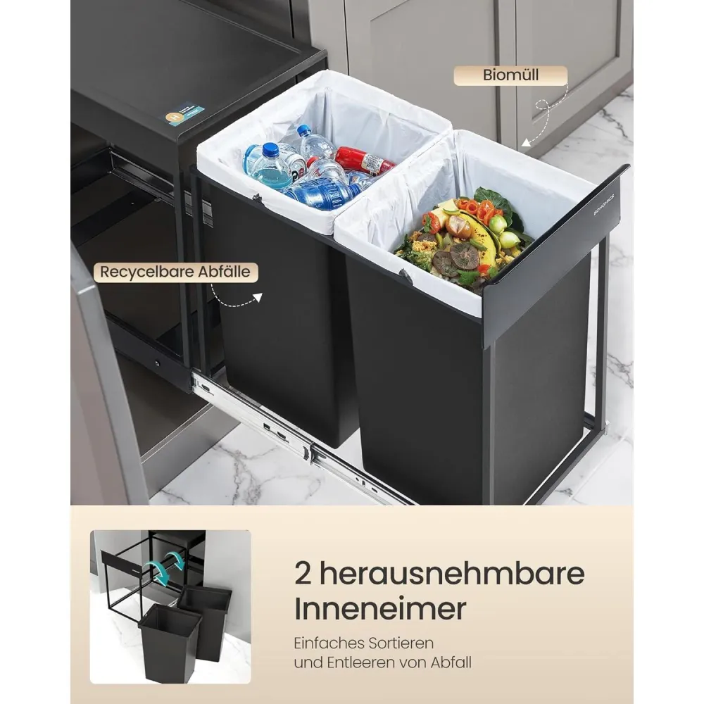 SONGMICS konyhai szelektív hulladékgyűjtő rendszer szekrénybe, 2 x 20 L, fekete