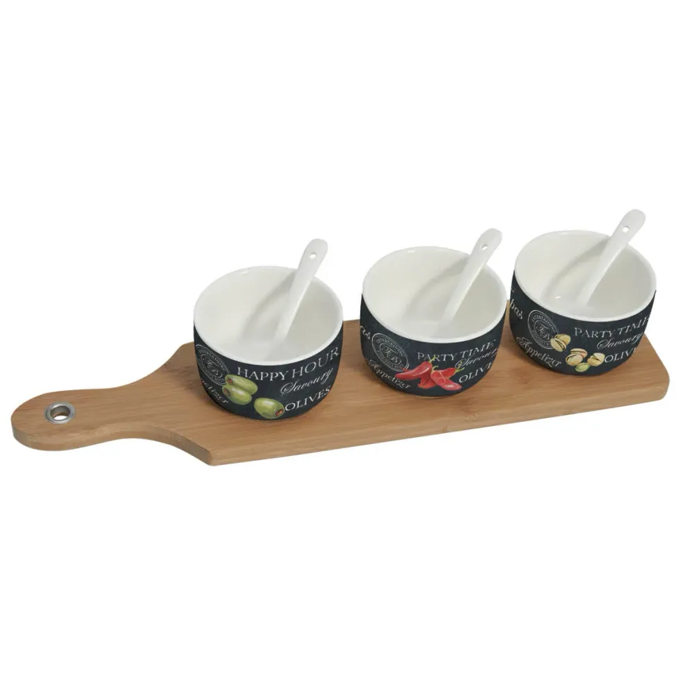 Bambusz asztali kínáló tál 3 db porcelán tálkával