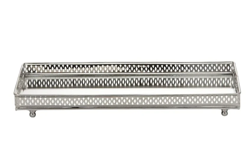 Bethel ezüst sárgaréz–üveg dísztálca – 30×14 cm (lábas, perforált peremmel)