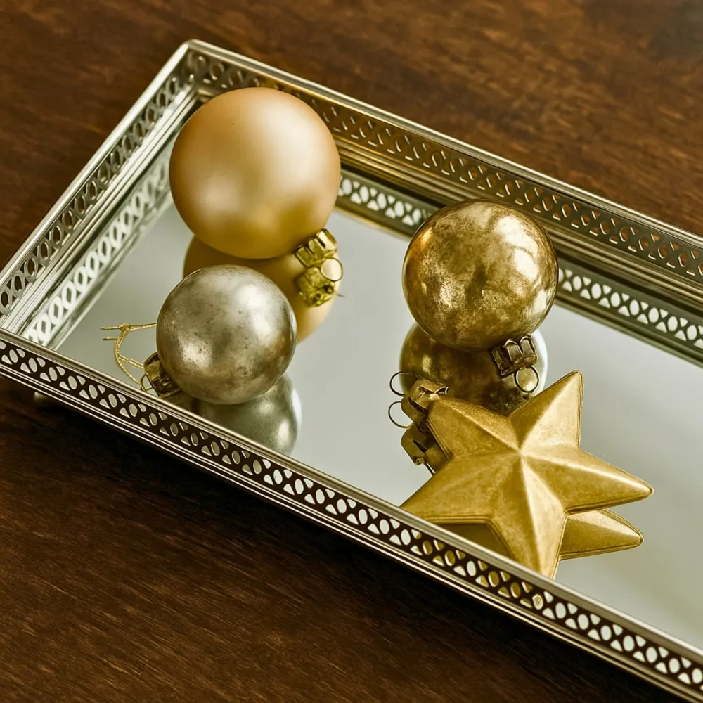 Bethel ezüst sárgaréz–üveg dísztálca – 30×14 cm (lábas, perforált peremmel)