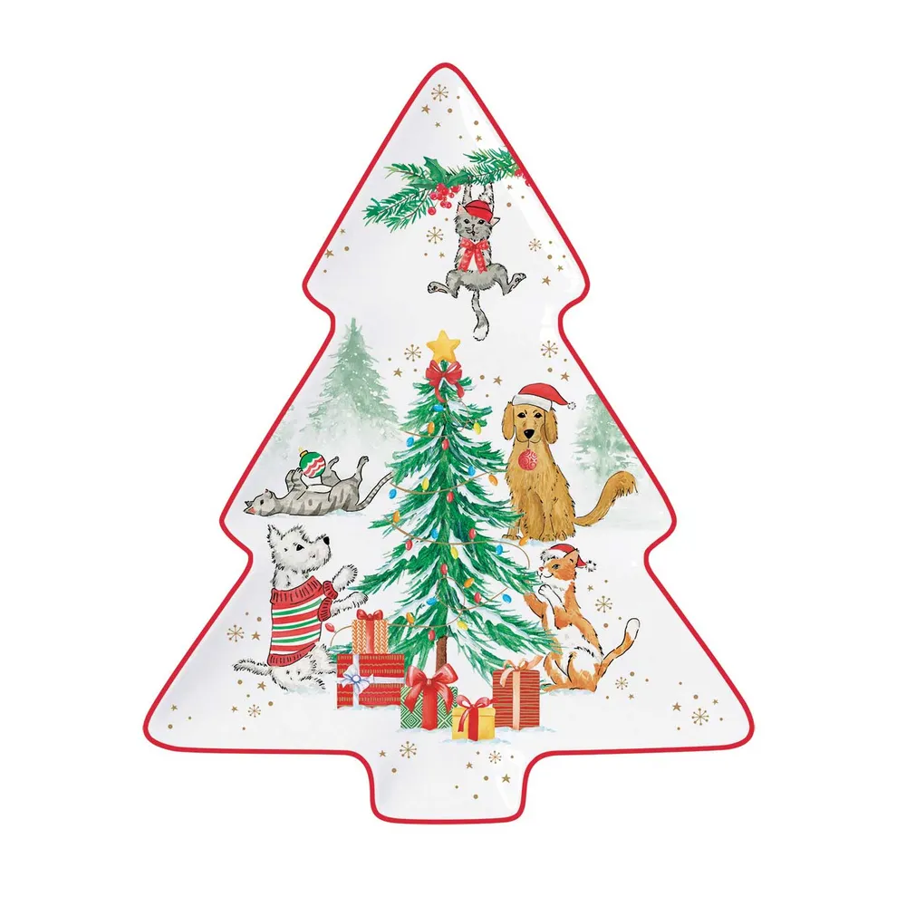Cicás kutyás karácsonyi porcelán fenyőfa tálca Christmas Gang