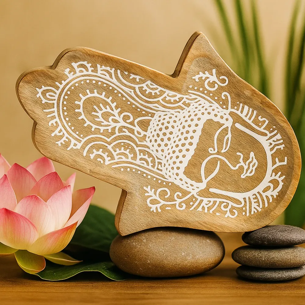 Hosszú Hamsa Kéztálca, Buddha Fehérmosás 30x20.5x2.5cm