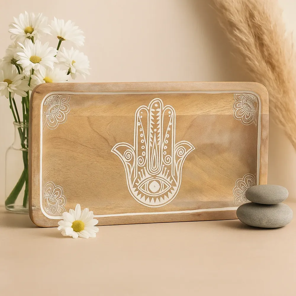 Hosszú tál Hamsa mintával fehérre mosva 30x15x2.5 cm
