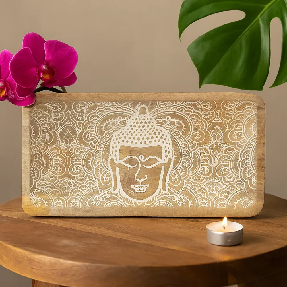 Hosszú tálca Buddha arc fehérre meszelve 30x15x2.5cm