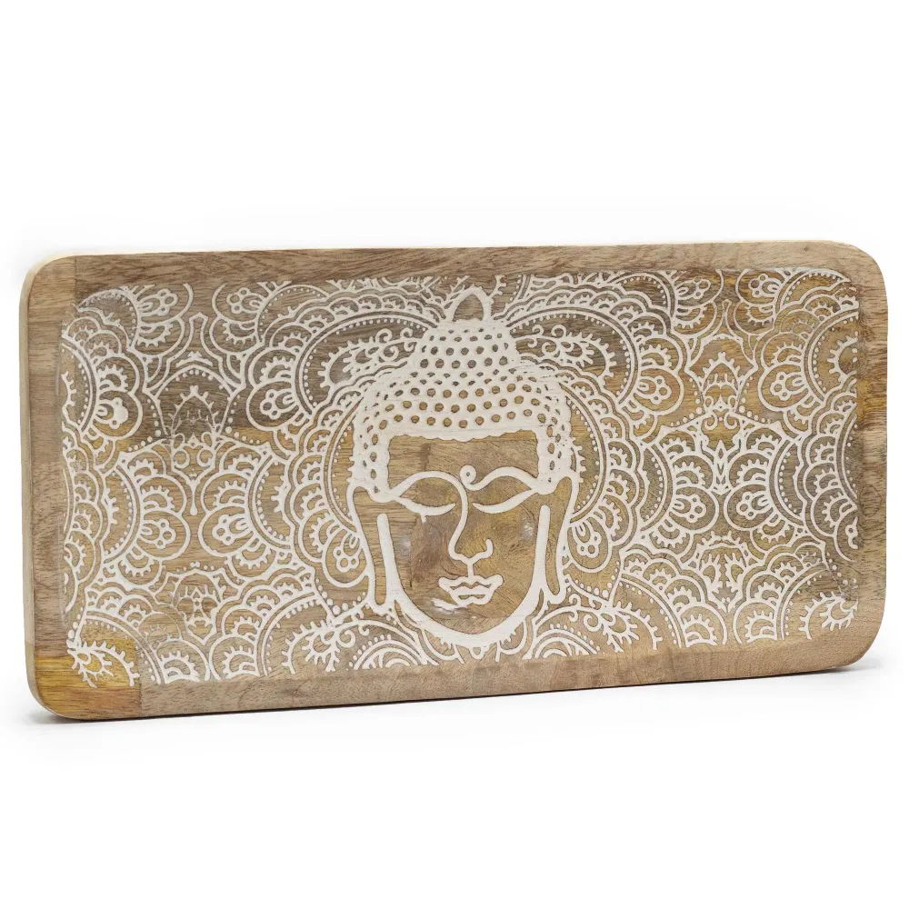 Hosszú tálca Buddha arc fehérre meszelve 30x15x2.5cm