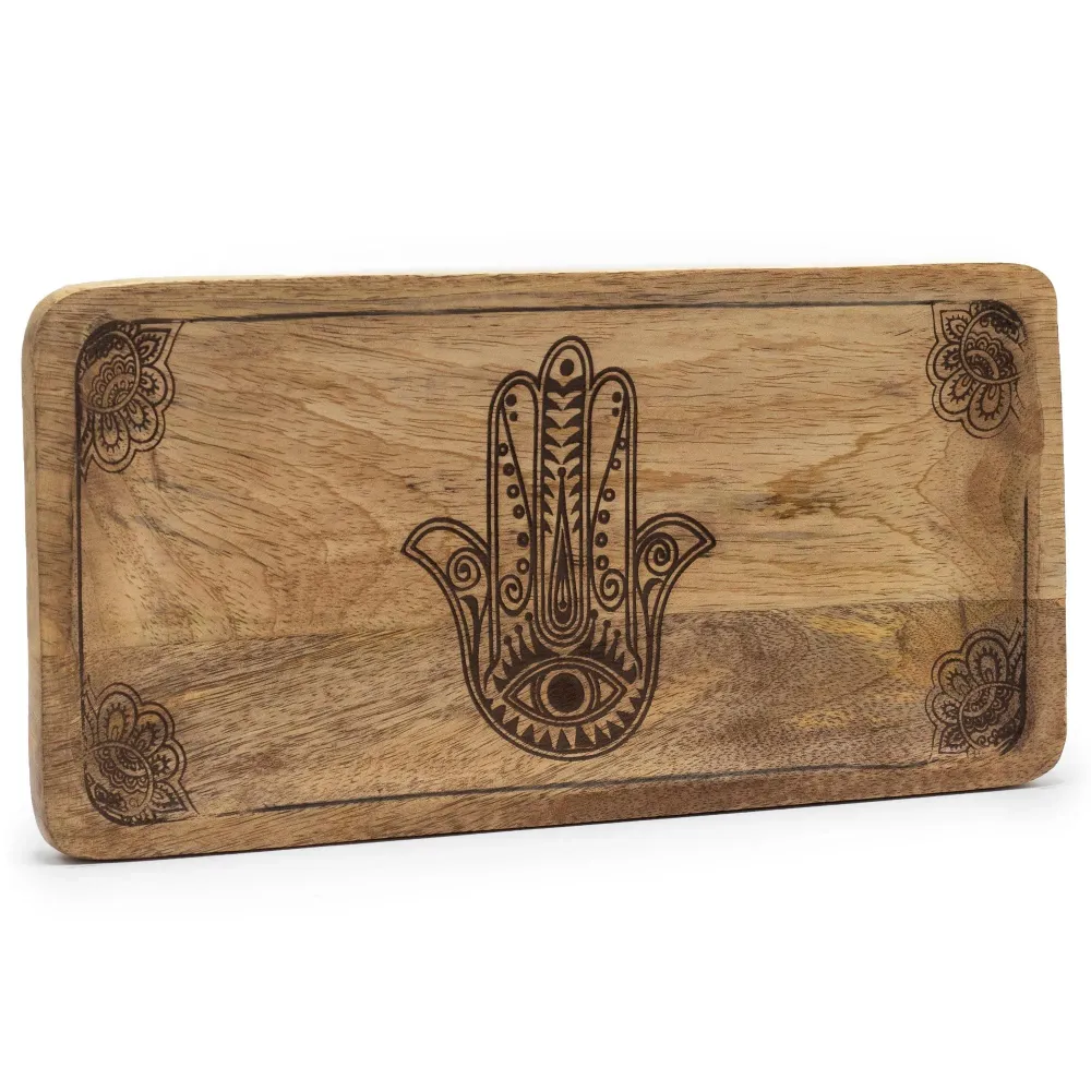 Hosszú tálca Hamsa mintával fekete gravírozott 30x15x2.5cm