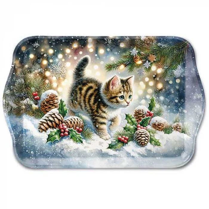 Karácsonyi cicás műanyag kis tálca 13x21 cm Cute cat snow