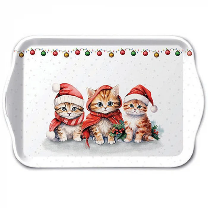 Karácsonyi műanyag kis tálca 13x21 cm Három mikulássapkás cicával