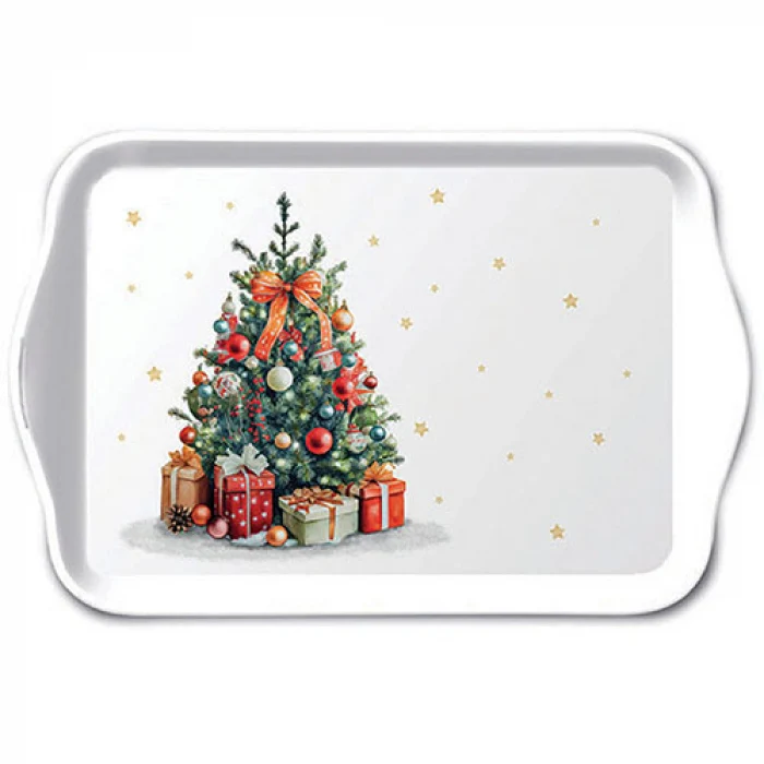 Karácsonyi műanyag kis tálca 13x21 cm Karácsonyfa ajándékokkal