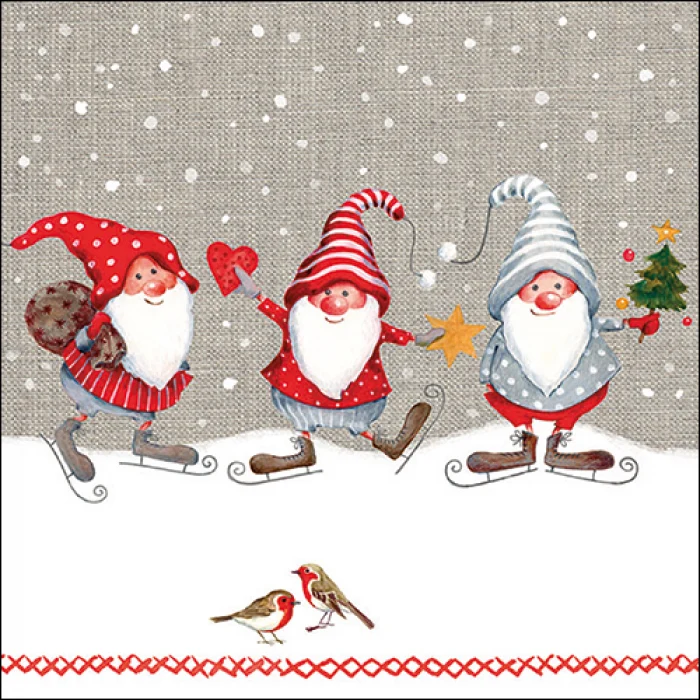 Karácsonyi papírszalvéta 33x33 cm manókkal Skating Dwarfs
