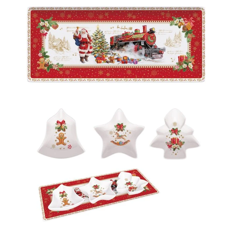 Karácsonyi porcelán kínáló tálca 3 db porcelán tálkával, 36x16 cm, díszdobozban - Christmas Memories