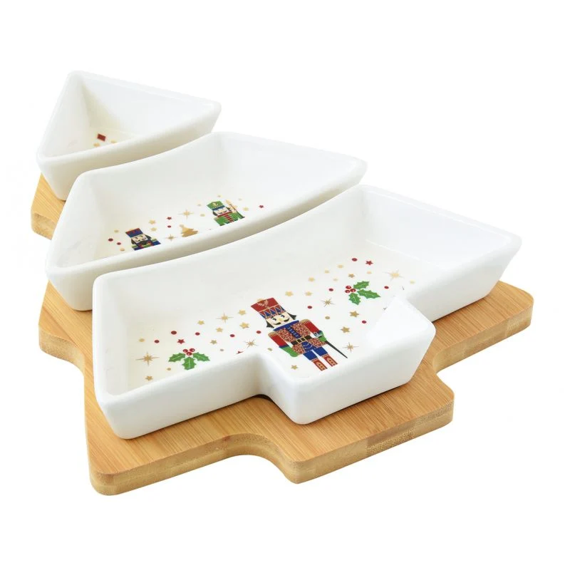 Karácsonyi porcelán tál szett fenyőfa alakú bambusztálcán, 3 részes, 25,5x21 cm, díszdobozban - Nutcracker