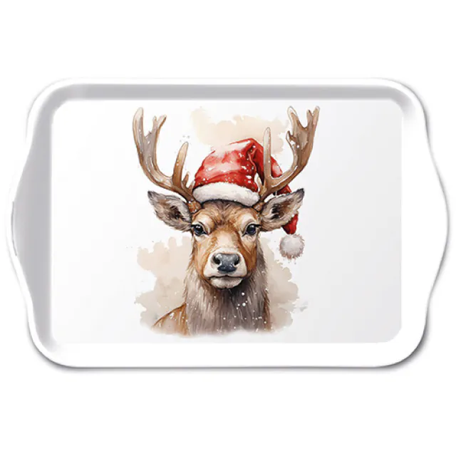 Karácsonyi rénszarvas műanyag kis tálca 13x21 cm Deer Santa hat