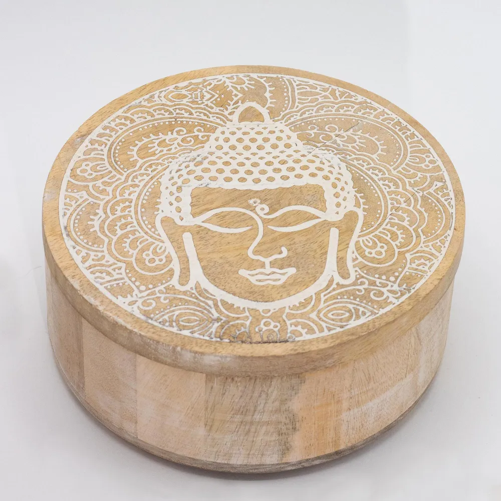 Kerek Doboz Buddha Arc Fehérre Meszelve 17.5x7.5cm